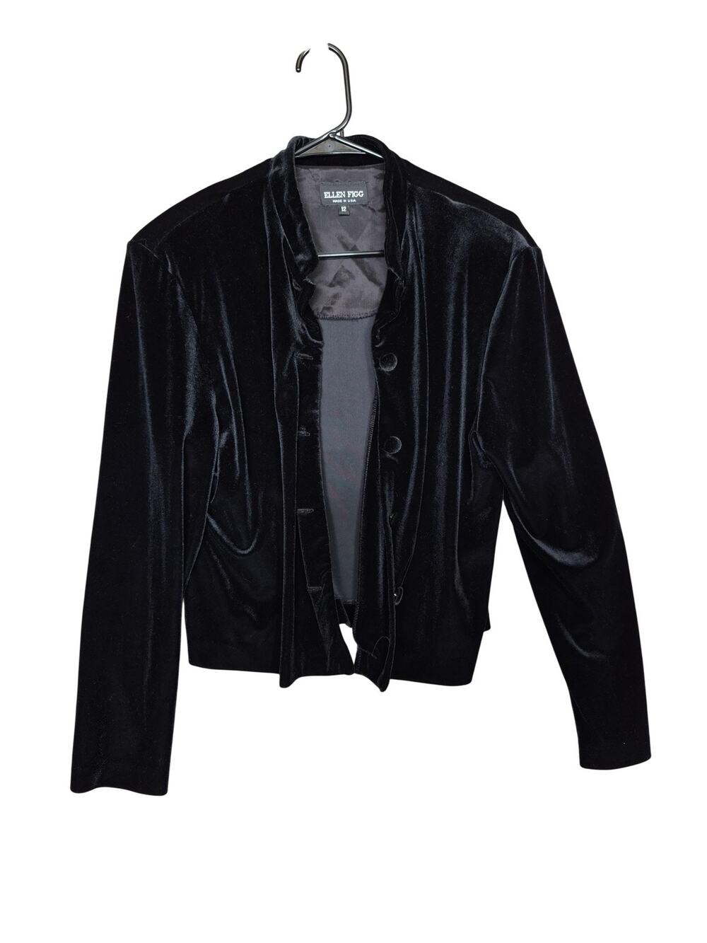 Ellen Figg Blazer Jacket Womens 12 Black Velvet Button Front Made USA Short